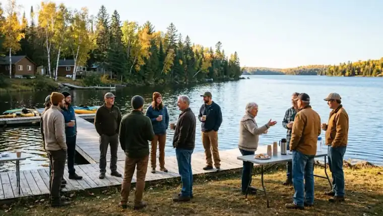 People gathered with hot drinks on a wooden dock beside a northern lake in autumn